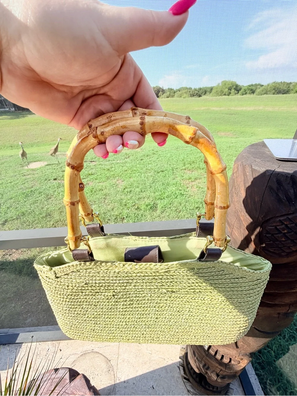 Lime Green Straw Woven Handbag Bamboo Handles Summer Beach Resort Purse